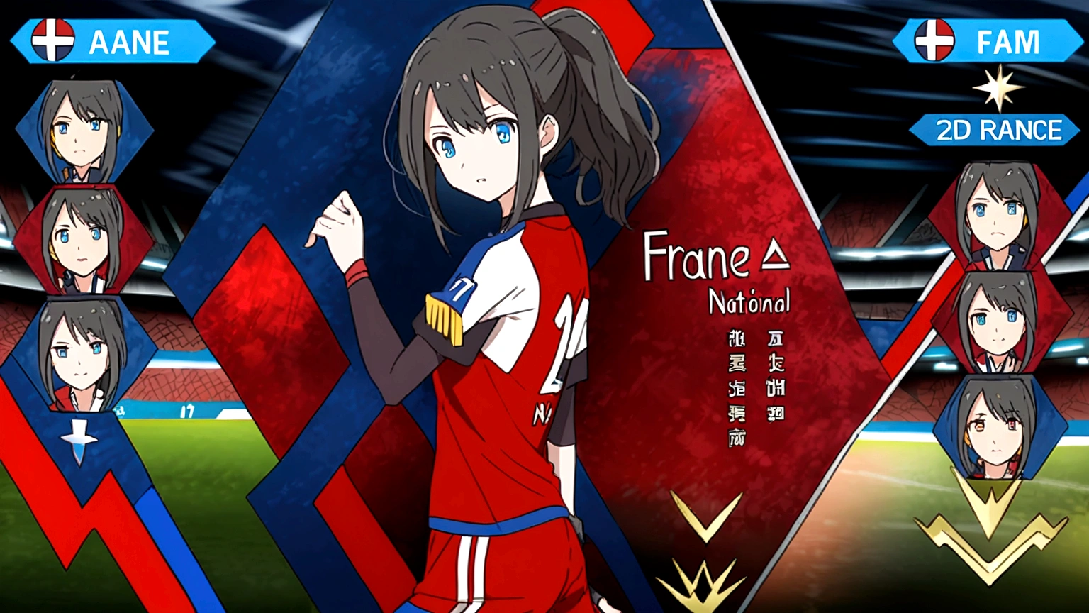 (anime,2D)Women,soccer player,black fur,wide,fringe,collected in a ponytail,clear skin,Light blue eyes,France national team clothing, In a soccer field.