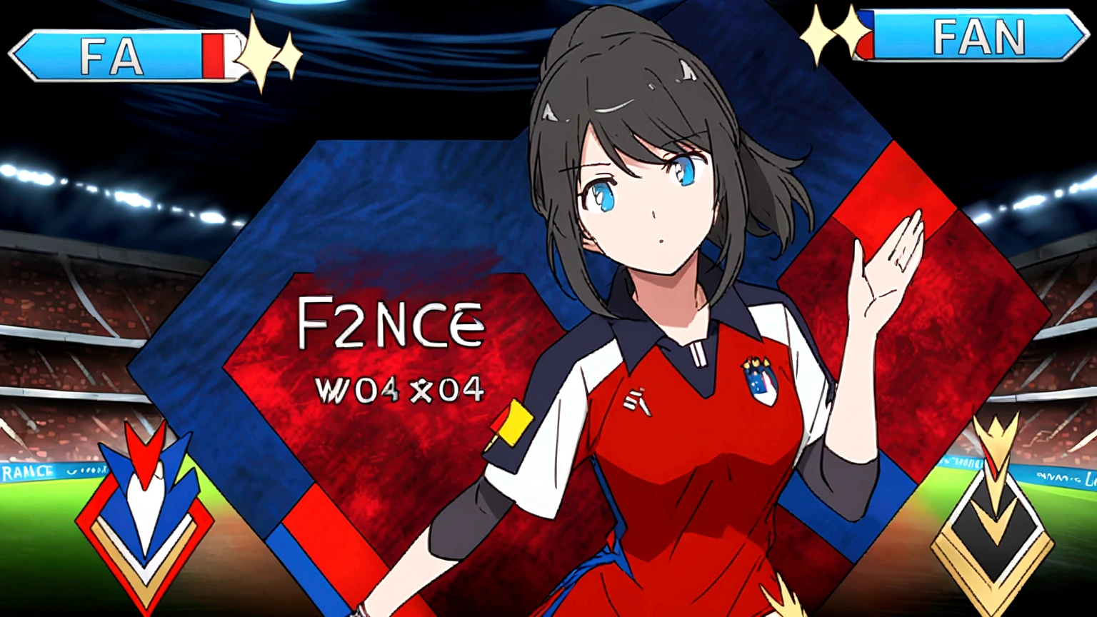 (anime,2D)Women,soccer player,black fur,wide,fringe,collected in a ponytail,clear skin,Light blue eyes,France national team clothing, In a soccer field.