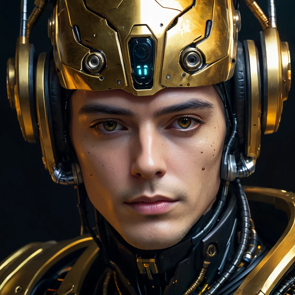 a close up of a robot with a futuristic look on his face, golden cap on head, portrait of an android, dark cyberpunk illustration, portrait of a cyberpunk cyborg, portrait of a space cyborg, detailed portrait of a cyborg, cyberpunk artstyle, portrait of a cyberpunk machine, portrait of a cyberpunk man, deep cyberpunk mechanoid, psychedelic organic cyborg