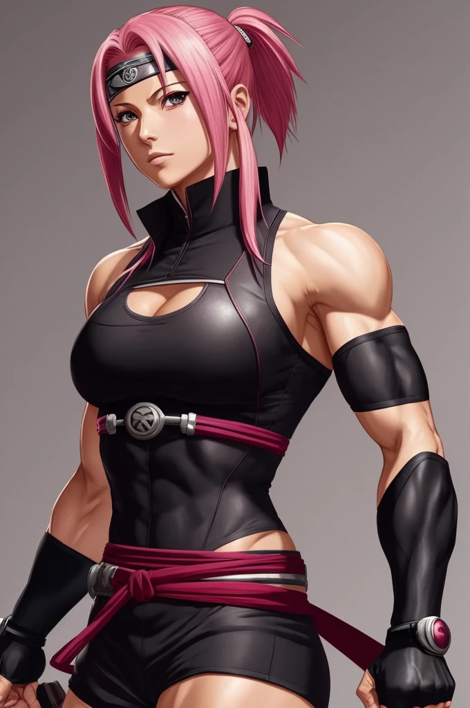 Make a Sakura Haruno redesign with her having muscles, a hourglass body, wearing ninja gear