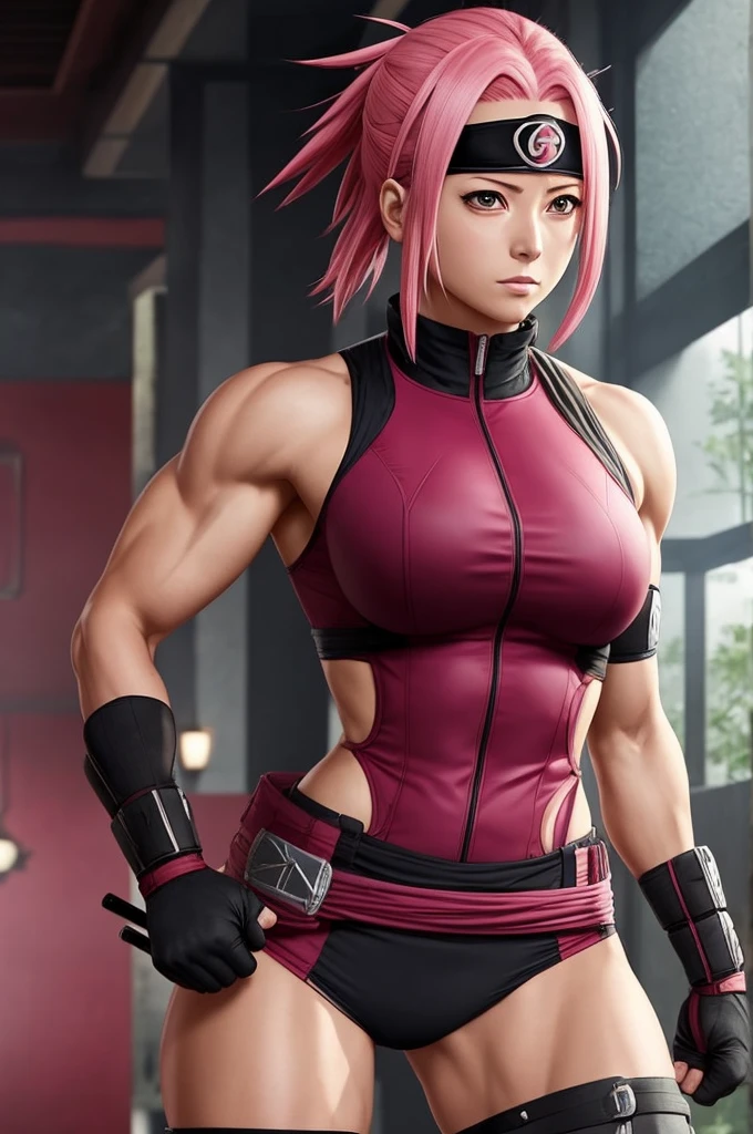 Make a Sakura Haruno redesign with her having muscles, a hourglass body, wearing ninja gear 