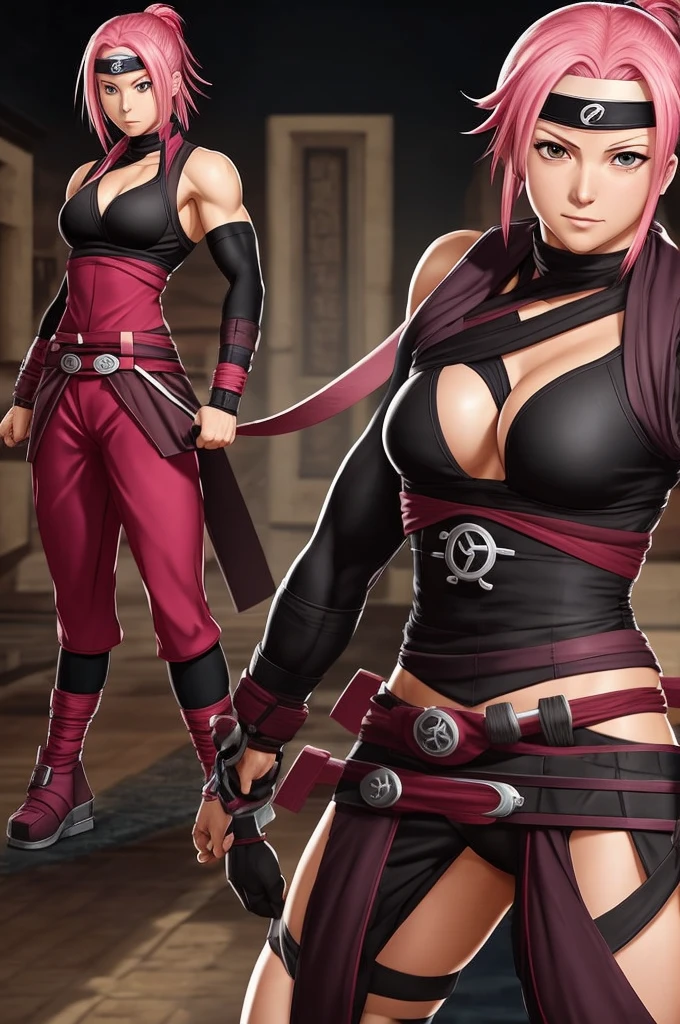 Make a Sakura Haruno redesign with her having muscles, a hourglass body, wearing ninja gear
