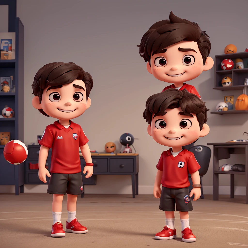 Create a Funko Pop of a boy with short dark hair, smiling with tongue slightly out. The boy is wearing a red football uniform with the number 8 on the shirt, which also says &#39;Cafeteria Hiroshima.&#39; He&#39;s wearing red shorts with white stripes, red socks and white boots with red details. The background should suggest a football field with a clear blue sky and some vegetation in the distance.