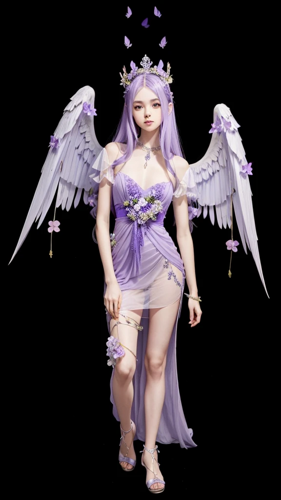 A cute thin girl with lilac long straight hair with lilac wings flowers on the wing crowns on her head with lilac stones, long lilac dress and lilac heels.
