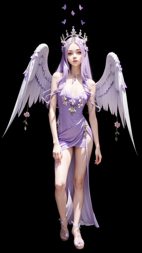 A cute thin girl with lilac long straight hair with lilac wings flowers on the wing crowns on her head with lilac stones, long lilac dress and lilac heels.