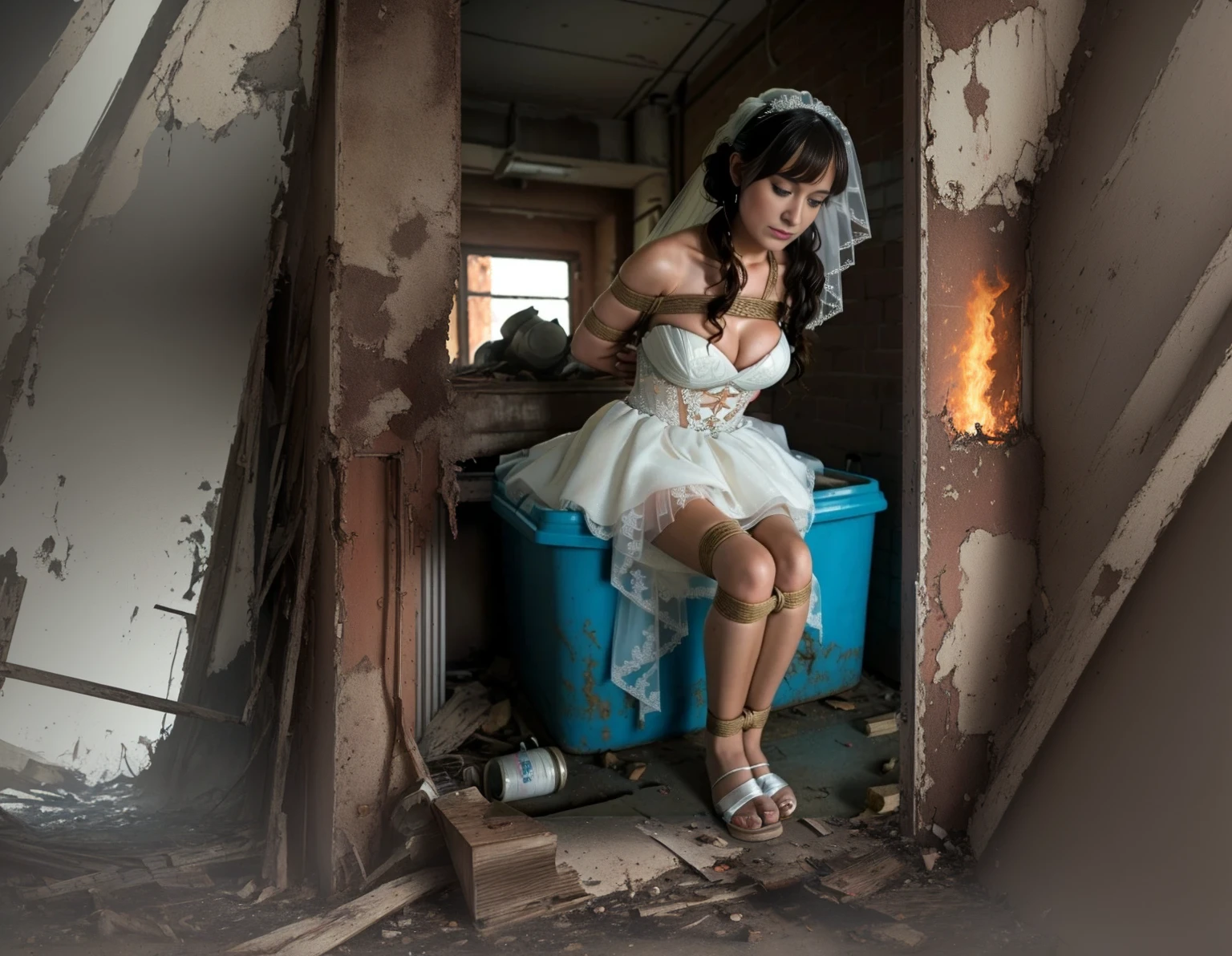 in an old abandoned derelict destroyed building on fire, fire everywhere, smoke everywhere