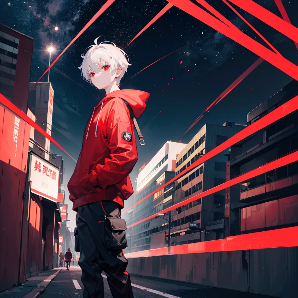 1 boy, short white hair, red eyes, wearing plain red hoodie, black cargo pants, city, night, moon and stars in sky, absurdres, high res, ultrasharp, 8K, masterpiece, looking at viewer