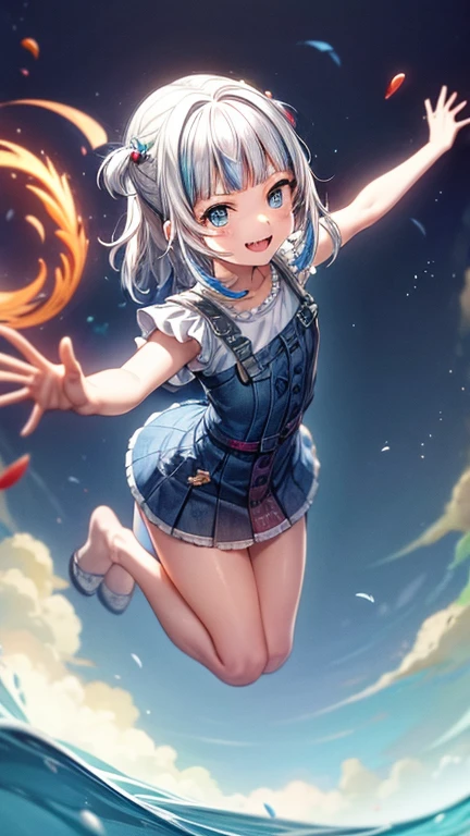 Gura, , looking at viewer, crazy eyes ,crazy, smile full body,,jumping out of warer,illustratiion, animecoverbg,spash art