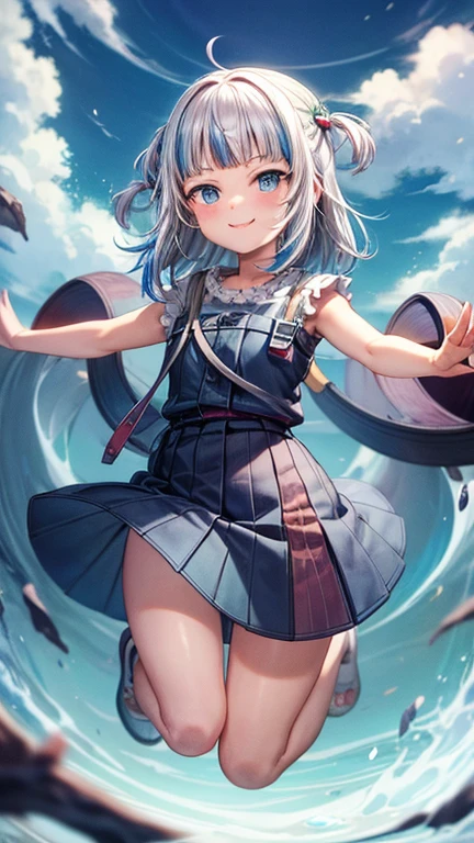 Gura, , looking at viewer, crazy eyes ,crazy, smile full body,,jumping out of warer,illustratiion, animecoverbg,spash art