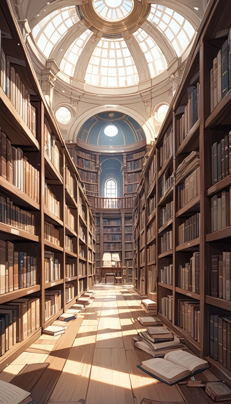 large library, huge shelves, dome, books and scrolls on the floor, a certain disorder,
