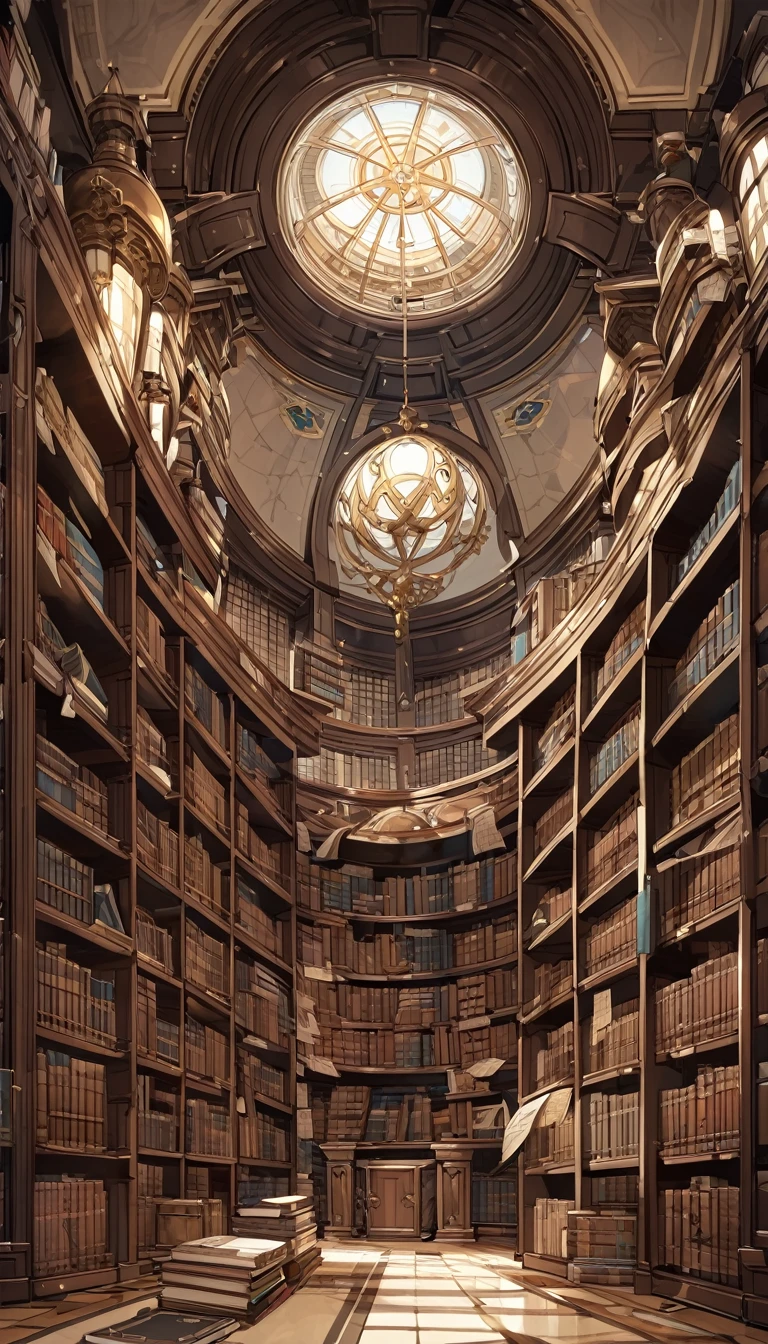 large library, huge shelves, dome, books and scrolls on the floor, a certain disorder