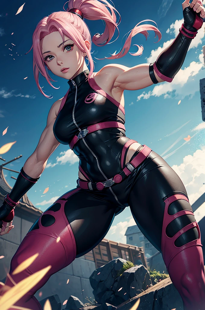 Make a Sakura Haruno redesign with her having muscles, a hourglass body, wearing ninja gear 