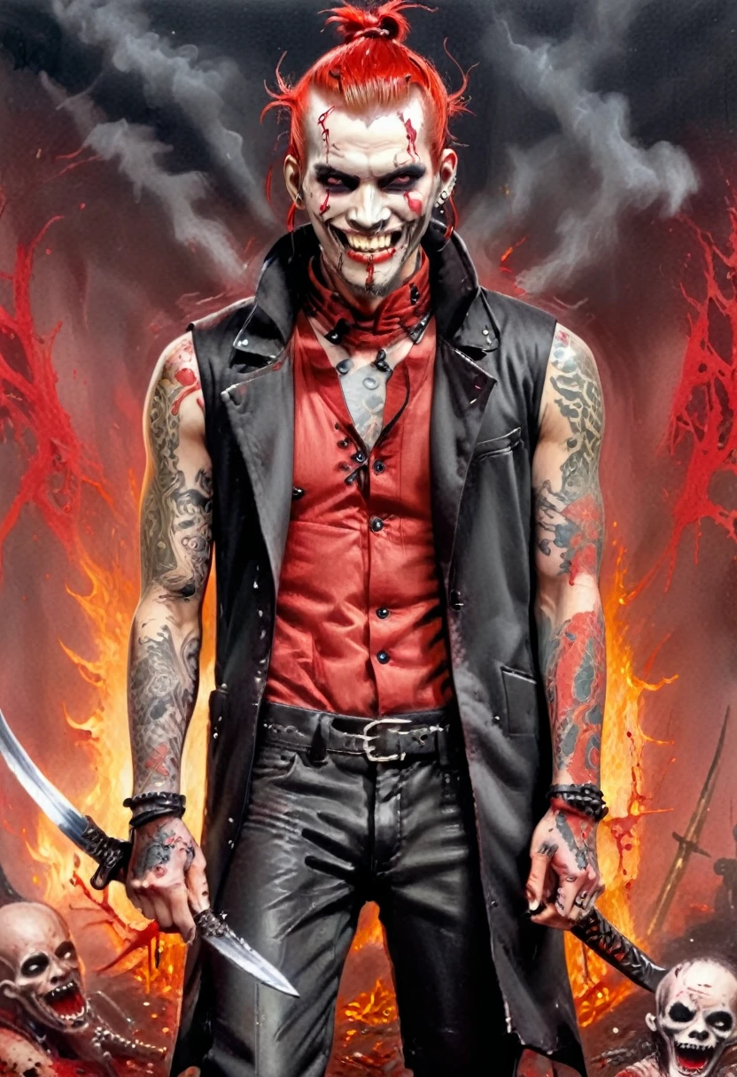 25 year old red man with pale white skin. his eyes are red and black with no trace of white, he has a bad smile and a terrifying look, he has blood around his mouth, he is athletic and he is dressed in a red sleeveless coat, and black pants and black boots, His whole body covered with tattoos of criminals, He fights with two swords. Behind Him There Are Fires, Photorealist Style [Sadistic Smile] [Sabre] [Blood Around Mouth] [Tattoo] [Man 25]