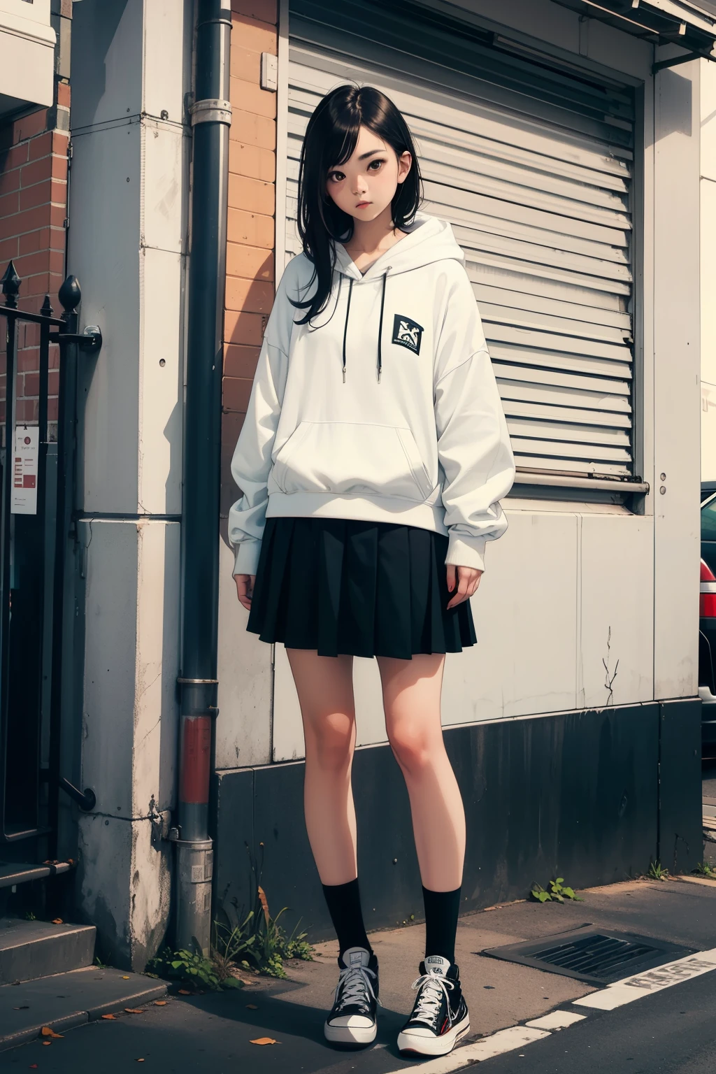 a girl with black hair, full body, hoodie, converse, skirt, posing on camera