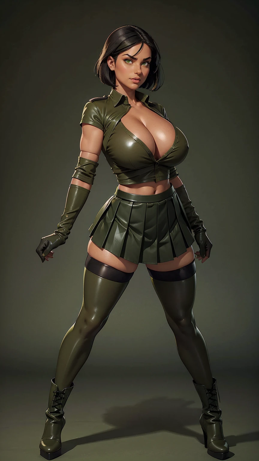 one tanned girl, solo, full body, thick legs, abs, thicc body, thick thighs, strong muscular legs, green eyes, beautiful eyes, jet-black hair, (short, straight hair:1.3), (huge breasts, olive green leather shirt, cleavage:1.4), masterpiece, highly detailed, look at viewer, happy face, (long pleated skater skirt, stockings:1.3), (black military boots:1.3), (elbow gloves:1.2), nylon stockings, transparent stockings, stiletto-heeled boots, long pencil skirt, thick legs, muscular legs, olive green leather, green eyes,