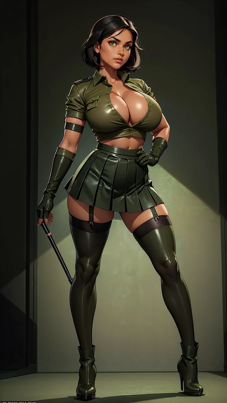 one tanned girl, solo, full body, thick legs, abs, thicc body, thick thighs, strong muscular legs, green eyes, beautiful eyes, jet-black hair, (short, straight hair:1.3), (huge breasts, olive green leather shirt, cleavage:1.4), masterpiece, highly detailed, look at viewer, happy face, (long pleated skater skirt, stockings:1.3), (black military boots:1.3), (elbow gloves:1.2), nylon stockings, transparent stockings, stiletto-heeled boots, long pencil skirt, thick legs, muscular legs, olive green leather, green eyes,