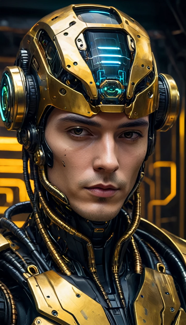 a close up of a robot with a futuristic look on his face, golden cap on head, portrait of an android, dark cyberpunk illustration, portrait of a cyberpunk cyborg, portrait of a space cyborg, detailed portrait of a cyborg, cyberpunk artstyle, portrait of a cyberpunk machine, portrait of a cyberpunk man, deep cyberpunk mechanoid, psychedelic organic cyborg