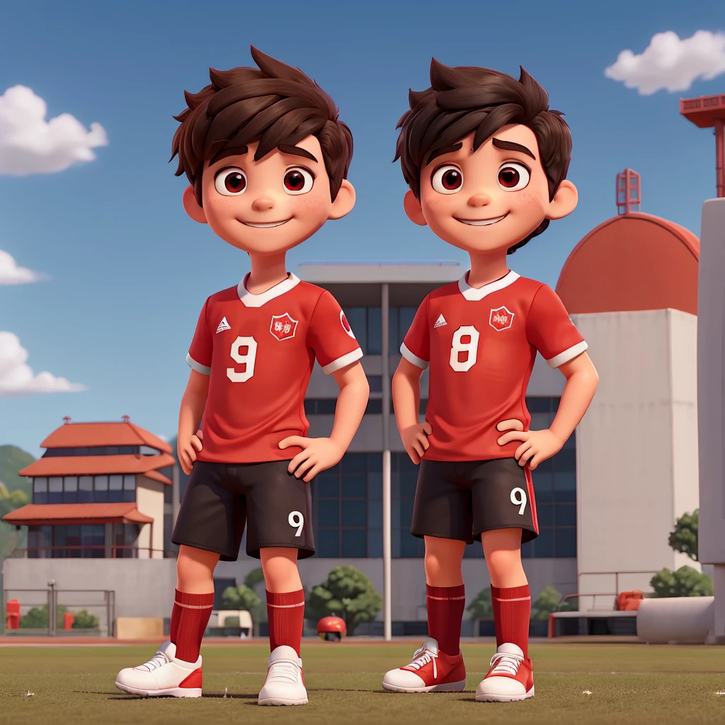 A smiling boy with short dark hair wearing a red soccer uniform with the number 8 and "Cafeteria Hiroshima" text, red shorts with white stripes, red socks, and white cleats with red details, in a Funko Pop style, detailed face, soccer field background with clear blue sky and distant vegetation