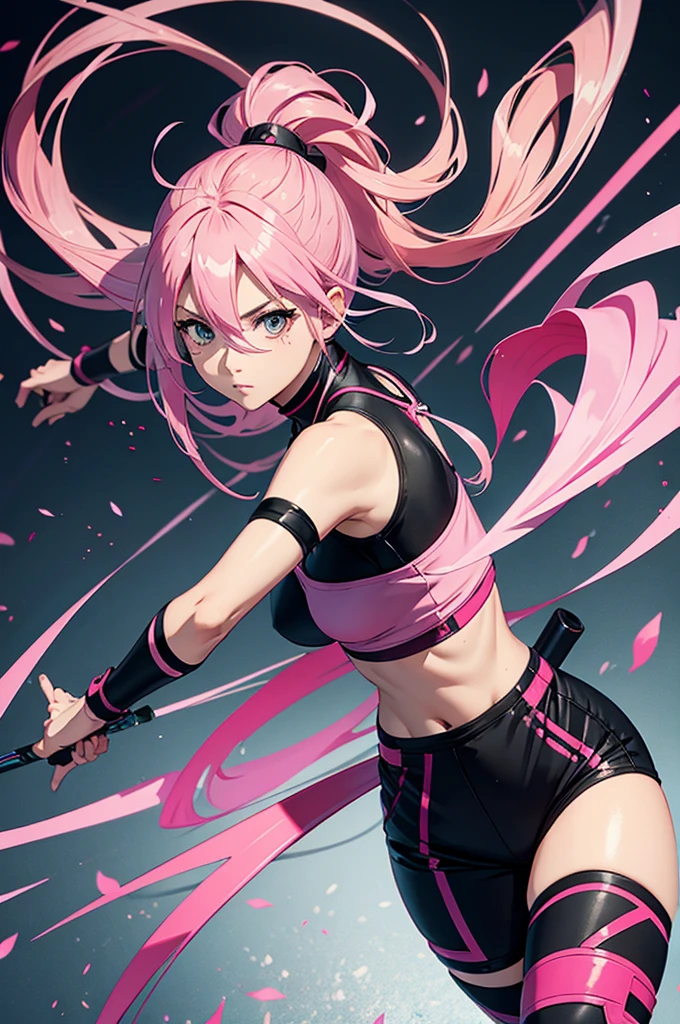 Girl with pink hair、Huge twintails、Black sleeveless shirt、a miniskirt、Contre-Jour、distressed face、in fighting、Palm facing us