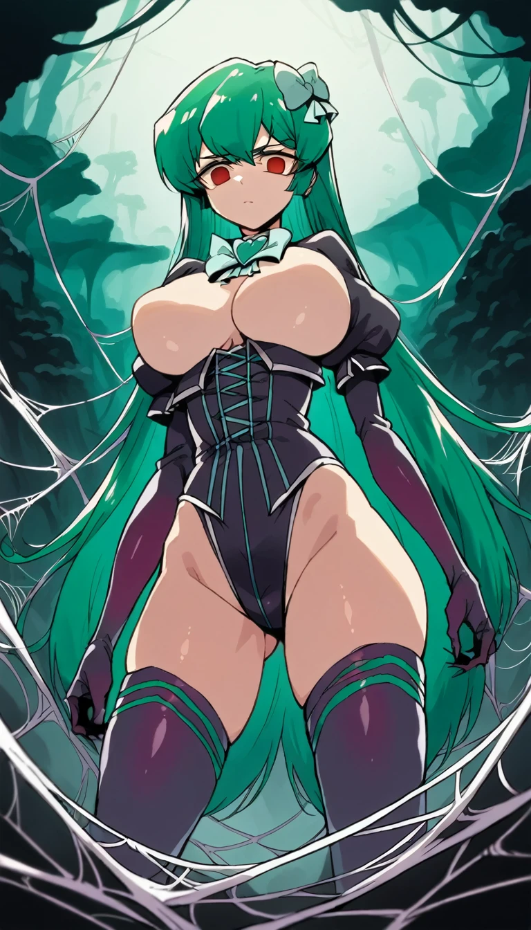 score_9, score_8_up, source_アニメ,Sayonara Minakami,,very big breast,shiny skin,Fallen into evil,empty eyes,Symbiote,Spider Suit,Tar Swamp,High leg,corset,spiderweb