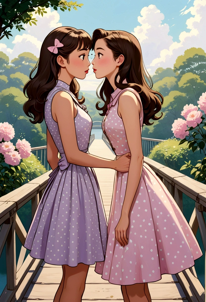 a A captivating and tender anime-style illustration of two women, in love, standing on a beautiful bridge facing each other. The first woman is a beautiful young woman with British (Anin) features, semi-long light brown hair held on one side by a delicate buckle and is dressed in a 50's style sleeveless dress in light lilac with small white polka dots and low-heeled shoes. About to kiss the second woman is a beautiful young woman with Asian (Pin) features, dark brown hair, and she is dressed in a 50's style sleeveless dress, pastel pink, and is wearing low-top shoes. she seems surprised and shy about the kiss they are about to give her.
The image exudes complicity and tenderness between the two.
