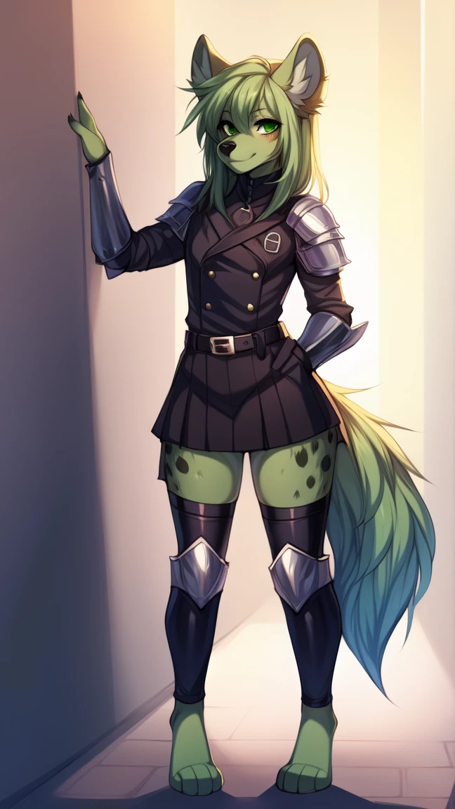 Solo:1.3, (young), by fumiko, by hyattlen, by claweddrip, anthro, furry, hyena, girl, (green body), green long fade hair, green fluffy hyena ears, cute snout, black nose, green eyes, Uniform made of leather with metal armor plates, Metal leg bandage, Plastic shoulder pads, barefoot, 4 toes, no background, back against a wall, front view, standing, fluffy tail
