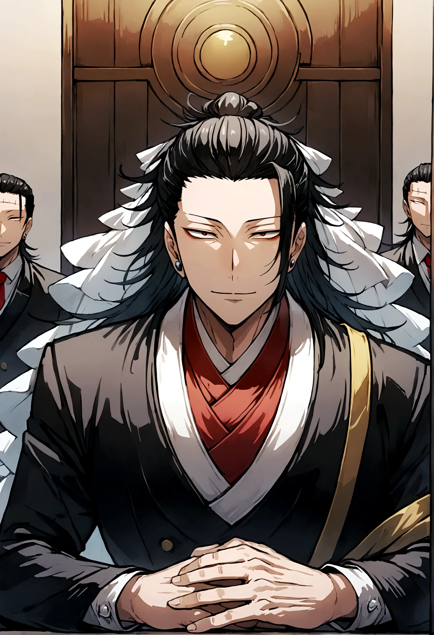 1 boy, men'with Suguru Geto, wedding, black suit, Red shirt, looking straight into the camera, at the altar, waiting for the bride