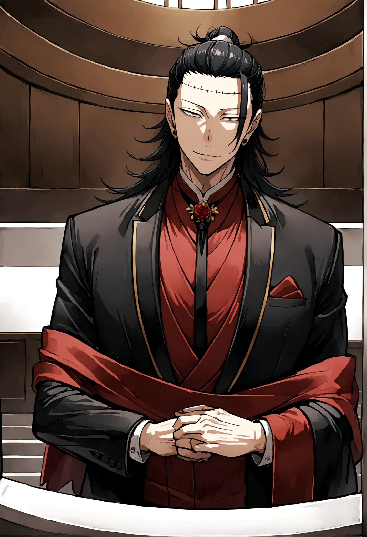 1 boy, men'with Suguru Geto, wedding, black suit, Red shirt, looking straight into the camera, at the altar, waiting for the bride