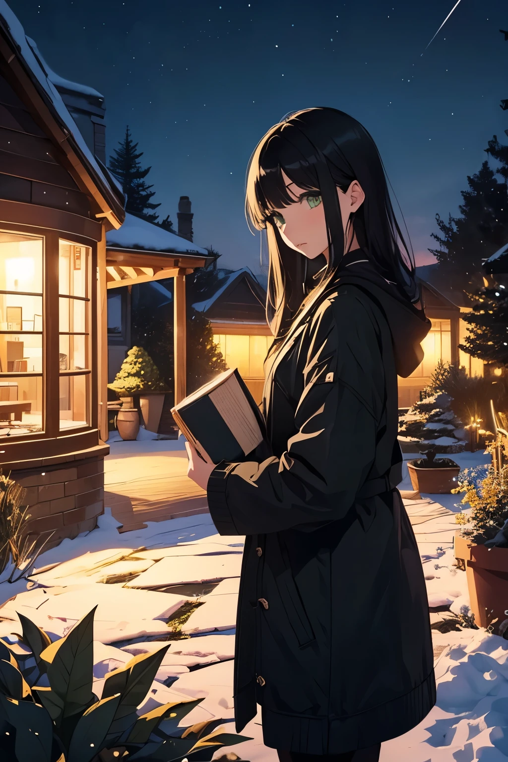 girl.Black hair.green eyes.clothes.Winter.drawing book.
In a garden.At night.Beautiful View.Sundown.clothes.Normal.At night
