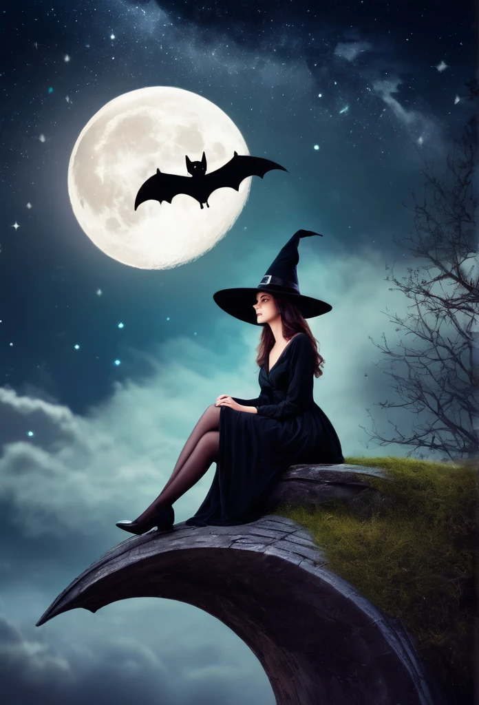 Witch sitting on half moon, beautiful night,bats flying