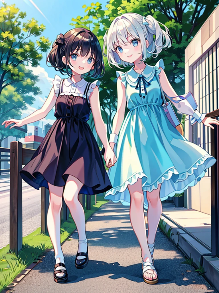 Two Girls、Very close sisters、Walk hand in hand、Having fun and being excited、They both walk with a bounce、Happy smile、A cute, cool sleeveless dress、Dogs walking side by side、(Quadrupedal Dog、Very large dog:1.4、Same height as her sister、Bushy white hairs、She is very kind and cares for her sisters.)、Nothing in my hands、Watching the audience、