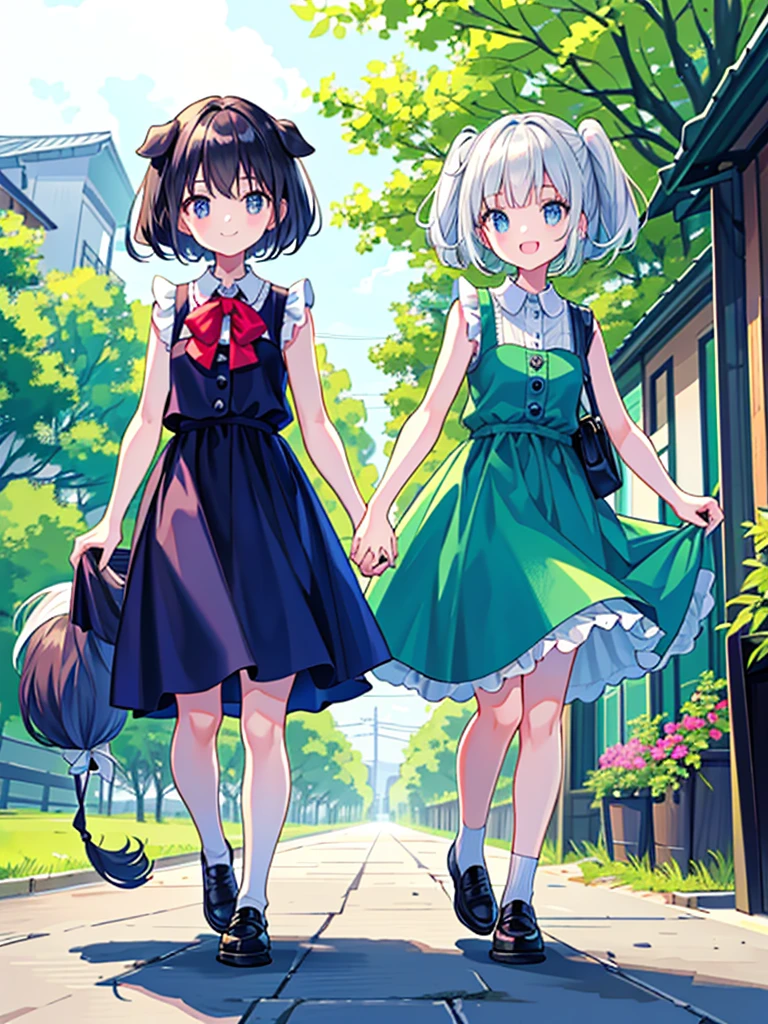 Two Girls、Very close sisters、Walk hand in hand、Having fun and being excited、They both walk with a bounce、Happy smile、A cute, cool sleeveless dress、Dogs walking side by side、(Quadrupedal Dog、Very large dog:1.4、Same height as her sister、Bushy white hairs、She is very kind and cares for her sisters.)、Nothing in my hands、Watching the audience、