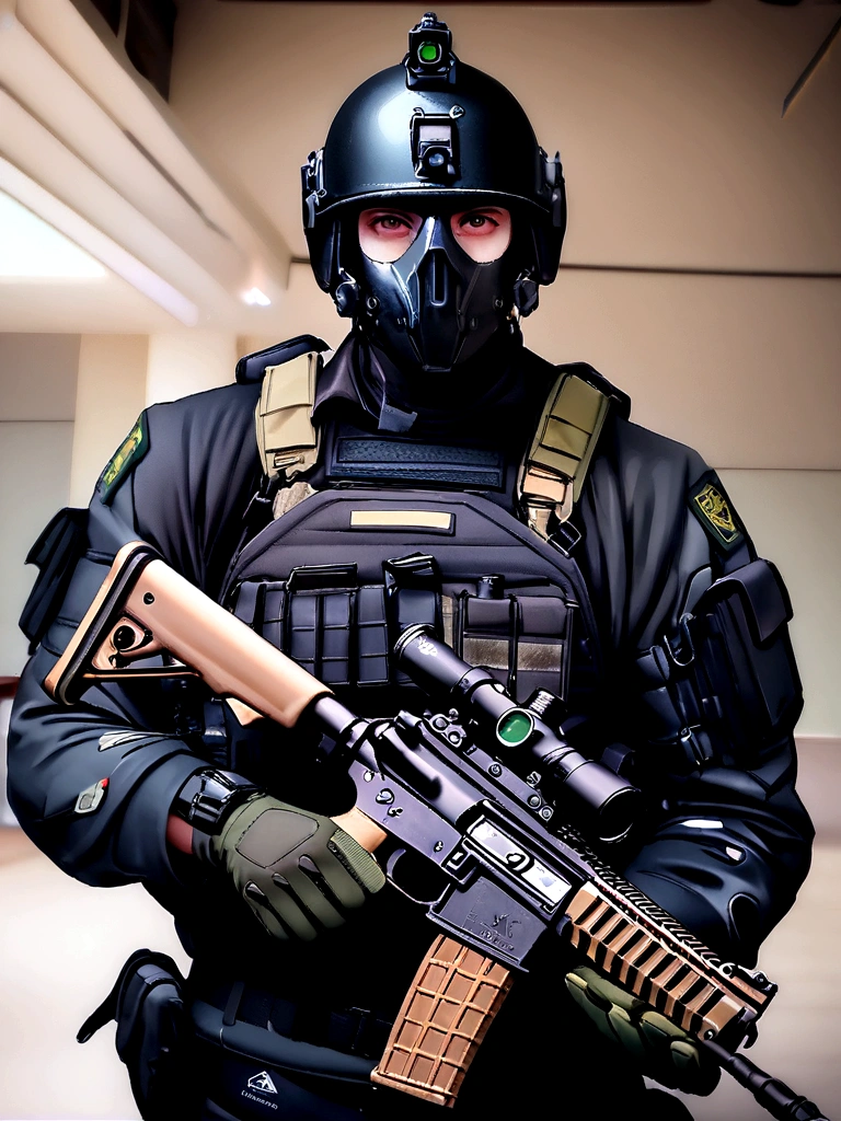 (best qualityer,4K,8K,A high resolution,work of art:1.2),ultra detali,(realisitic,fotorrealisitic,fotorrealisitic:1.37), One of them wore a black SWAT uniform.，Man in black helmet, A man in a black mask holds a gun, CQB compressed air rifle, French special operations, soldados realisitics, Soldados em tactical equipment, tactical equipment, cinematic —ar 16:9, equipamento militar realisitic, tactical armor, black tactical gear, combat clothing, Futuristic soldier costume, special forces security(best qualityer,4K,8K,A high resolution,work of art:1.2),ultra detali,(realisitic,fotorrealisitic,fotorrealisitic:1.37), One of them wore a black SWAT uniform.，Man in black helmet, A man wearing a black skull mask holds a gun, CQB compressed air rifle, French special operations, soldados realisitics, Soldados em tactical equipment, tactical equipment, cinematic —ar 16:9, equipamento militar realisitic, tactical armor, black tactical gear, combat clothing, Futuristic soldier costume, special forces security