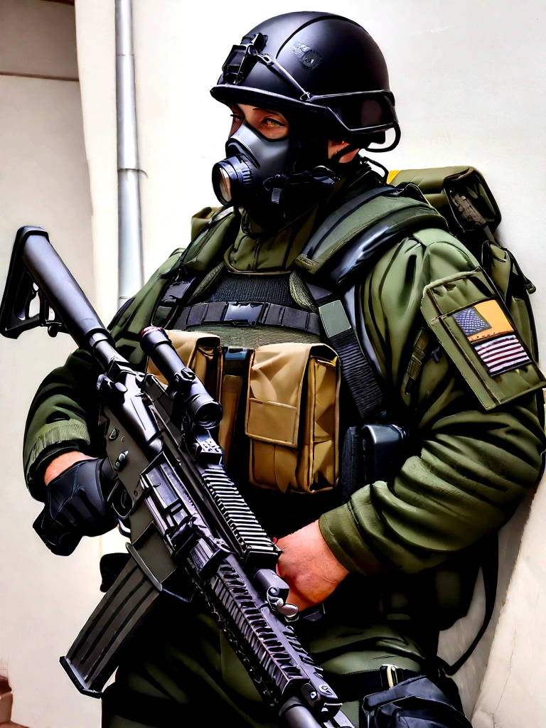(best qualityer,4K,8K,A high resolution,work of art:1.2),ultra detali,(realisitic,fotorrealisitic,fotorrealisitic:1.37), One of them wore a black SWAT uniform.,Man in black helmet, A man in a black mask holds a gun, CQB compressed air rifle, French special operations, soldados realisitics, Soldados em tactical equipment, tactical equipment, cinematic —ar 16:9, equipamento militar realisitic, tactical armor, black tactical gear, combat clothing, Futuristic soldier costume, special forces security(best qualityer,4K,8K,A high resolution,work of art:1.2),ultra detali,(realisitic,fotorrealisitic,fotorrealisitic:1.37), One of them wore a black SWAT uniform.,Man in black helmet, A man wearing a black skull mask holds a gun, CQB compressed air rifle, French special operations, soldados realisitics, Soldados em tactical equipment, tactical equipment, cinematic —ar 16:9, equipamento militar realisitic, tactical armor, black tactical gear, combat clothing, Futuristic soldier costume, special forces security