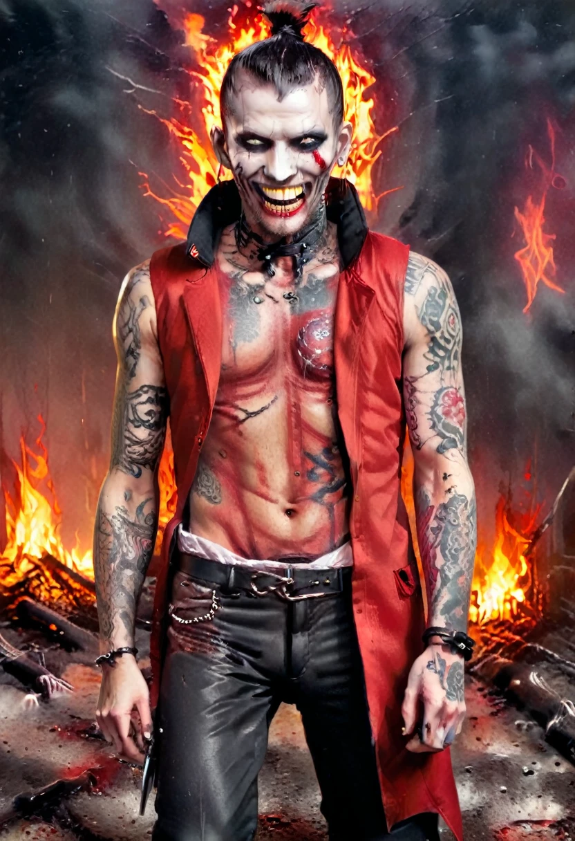 25 year old red man with pale white skin. his eyes are red and black with no trace of white, he has a sadistic smile and a terrifying look, he has blood around his mouth, he is athletic and he is dressed in a red sleeveless coat, and black pants and black boots, His whole body covered with tattoos of criminals, He fights with two swords. Behind Him There Are Fires, Photorealist Style [Sadistic Smile] [Sabre] [Blood Around Mouth] [Tattoo] [Man 25]