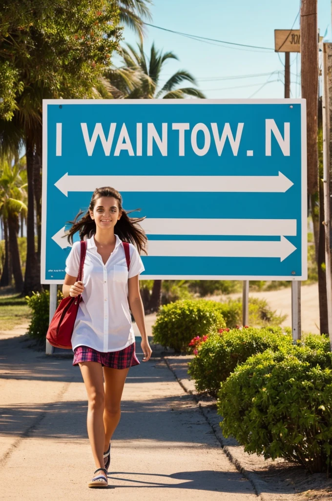 I want an image of a girl walking towards a sign that says vacation.