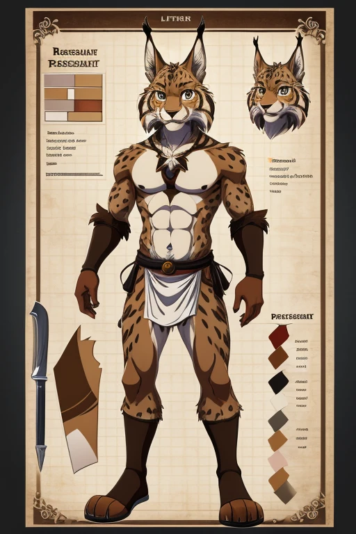 character design, character sheet, hi-res, good graphics, great anatomy, anatomically correct, detailed body, anime, cartoon-ish. Elias (male, , Lynx(anthro/furry), Resturant and Food program studant)