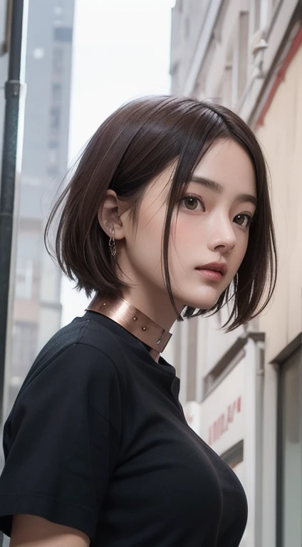 Photorealistic, masutepiece, Best Quality, Raw photo, 1girl in, Solo, Handsome shorthair, copper colored hair、Detailed face, alluring face, Black shirt with collar, medium breasts, Dynamic Pose, Looking at Viewer, From below, Detailed background, fine detailed, intricate detailes,  Ray tracing, depth of fields, lowkey, nffsw
