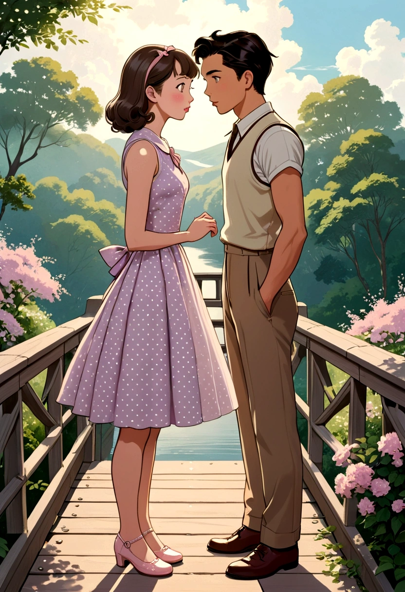 a A captivating and tender anime-style illustration of two women, in love, standing on a beautiful bridge facing each other. The first woman is a beautiful young woman with British (Anin) features, semi-long light brown hair held on one side by a delicate buckle and is dressed in a 50's style sleeveless dress in light lilac with small white polka dots and low-heeled shoes. About to kiss the second woman is a beautiful young woman with Asian (Pin) features, dark brown hair, and she is dressed in a 50's style sleeveless dress, pastel pink, and is wearing low-top shoes. she seems surprised and shy about the kiss they are about to give her.
The image exudes complicity and tenderness between the two.