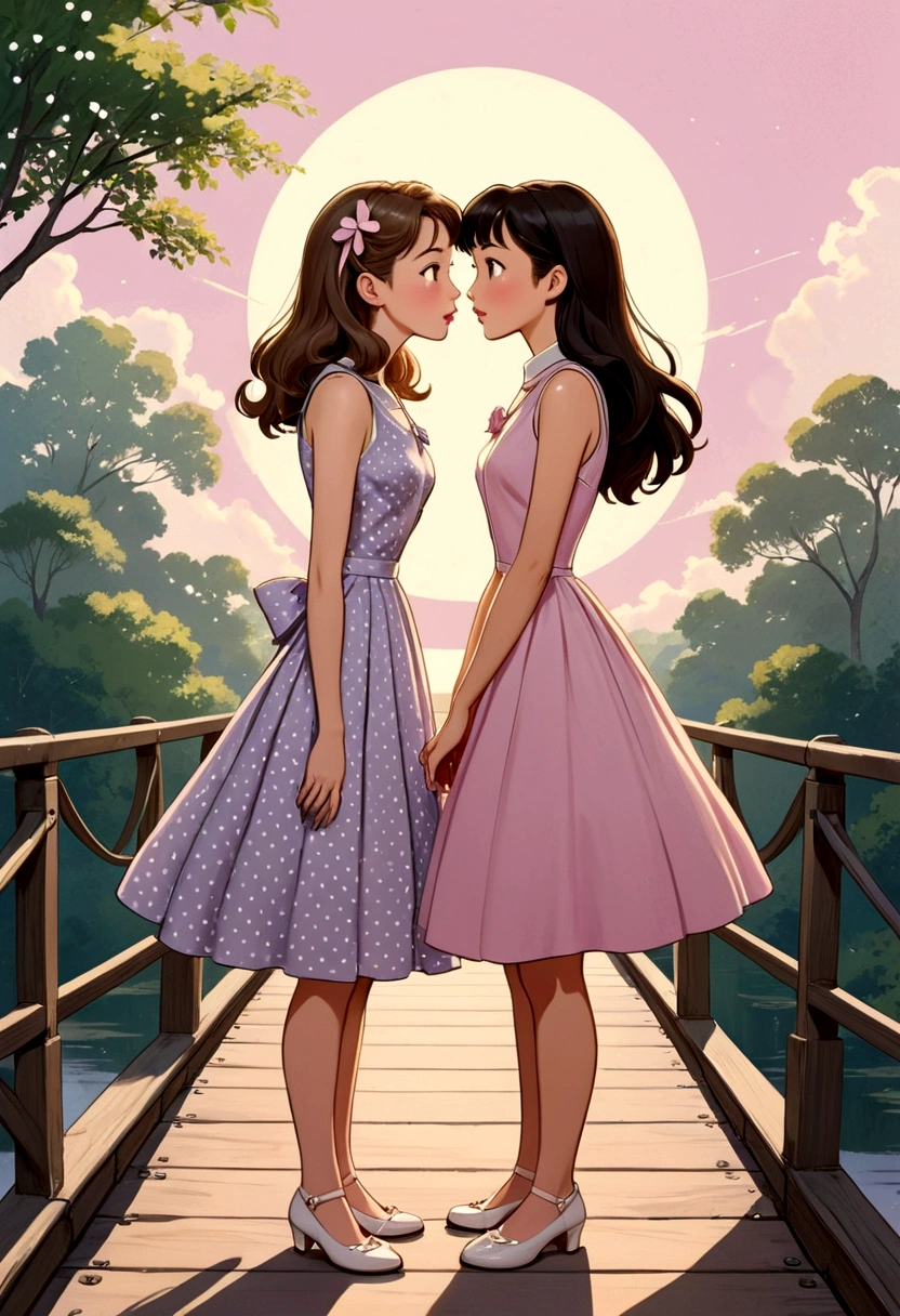 a A captivating and tender anime-style illustration of two women, in love, standing on a beautiful bridge facing each other. The first woman is a beautiful young woman with British (Anin) features, semi-long light brown hair held on one side by a delicate buckle and is dressed in a 50's style sleeveless dress in light lilac with small white polka dots and low-heeled shoes. About to kiss the second woman is a beautiful young woman with Asian (Pin) features, dark brown hair, and she is dressed in a 50's style sleeveless dress, pastel pink, and is wearing low-top shoes. she seems surprised and shy about the kiss they are about to give her.
The image exudes complicity and tenderness between the two.
