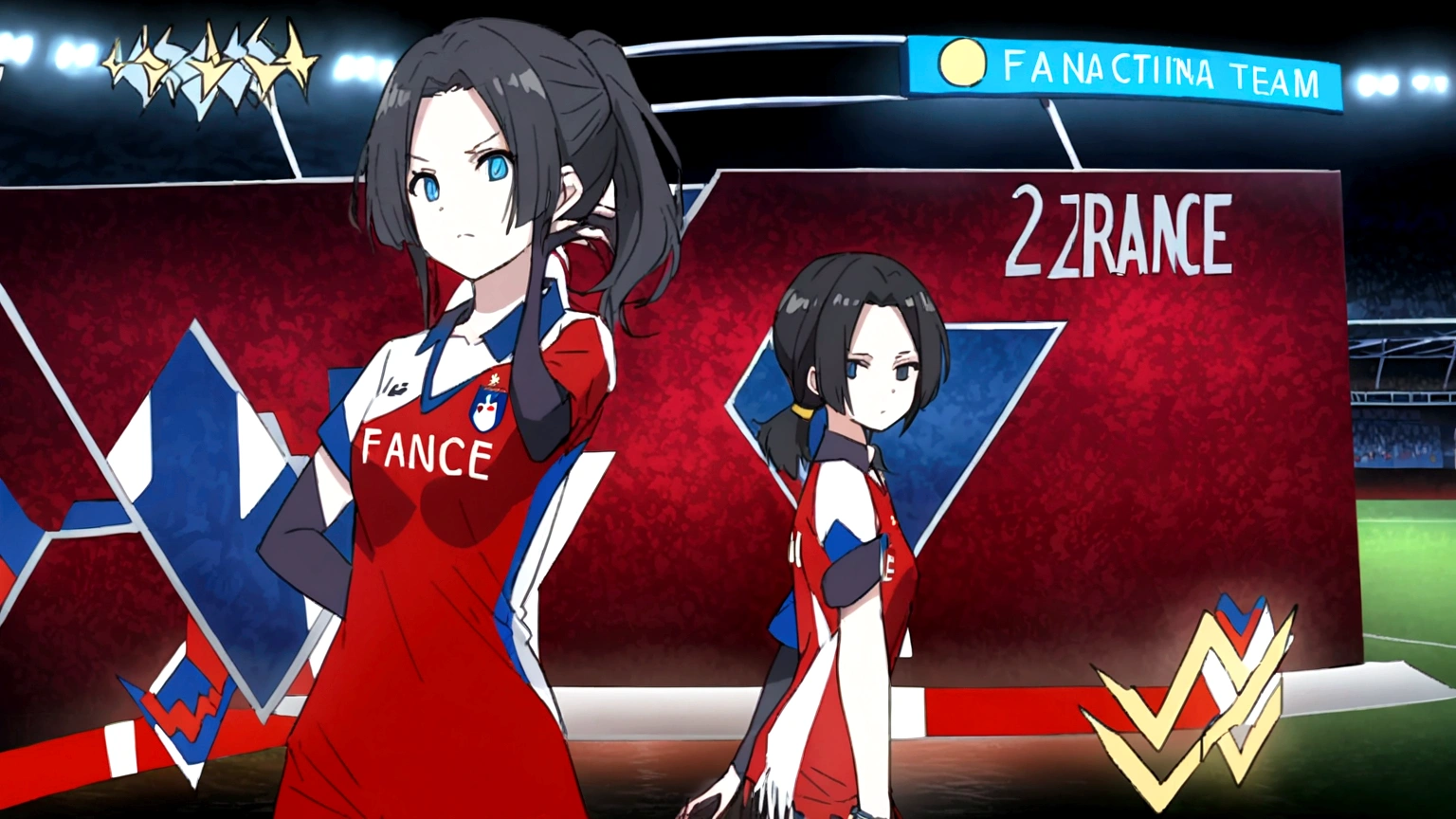 (anime,2D)Women,soccer player,black fur,wide,fringe,collected in a ponytail,clear skin,Light blue eyes,large eyes,France national team clothing, In a soccer field.