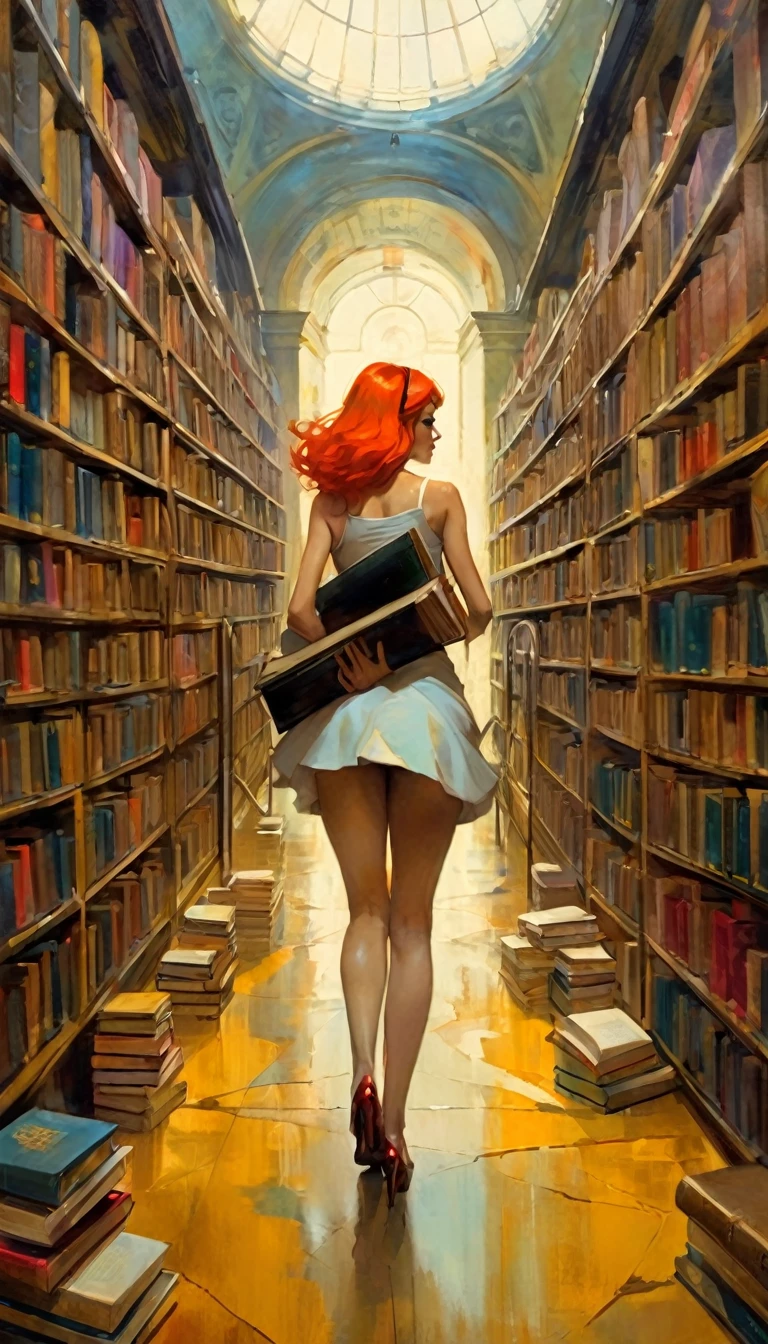 large library, huge shelves, dome, books and scrolls on the floor, a certain disorder, a sexy girl carries a very heavy load of books between its aisles, (art inspired by Bill Sienkiewicz). oil painting)