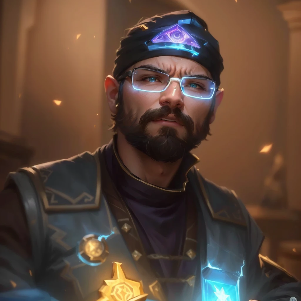 a close up of a man with glasses and a beard holding a glowing item, portrait of a male hydromancer, portrait of a mage, rpg portrait concept art, starfinder character, unreal 5. rpg portrait, closeup portrait of an artificer, hearthstone card art, 8 k hd wallpaperjpeg artifact, 8k hd wallpaperjpeg artifactmake him scream expression rest is exactly same just expression changed