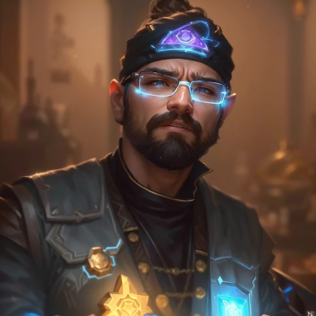 a close up of a man with glasses and a beard holding a glowing item, portrait of a male hydromancer, portrait of a mage, rpg portrait concept art, starfinder character, unreal 5. rpg portrait, closeup portrait of an artificer, hearthstone card art, 8 k hd wallpaperjpeg artifact, 8k hd wallpaperjpeg artifactmake him scream expression rest is exactly same just expression changed