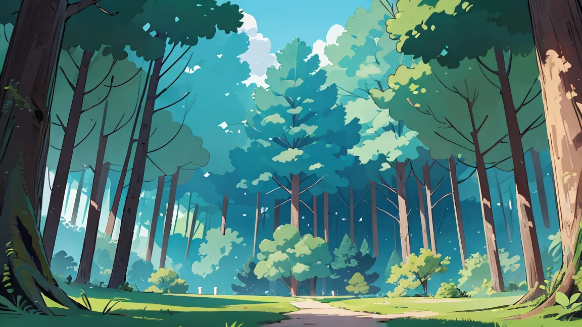 A beautiful forest seen from front, background, front view, 3/4 view, blue sky, not shadows, flat color, masterpiece, cinematic view, best quality, 1990s style