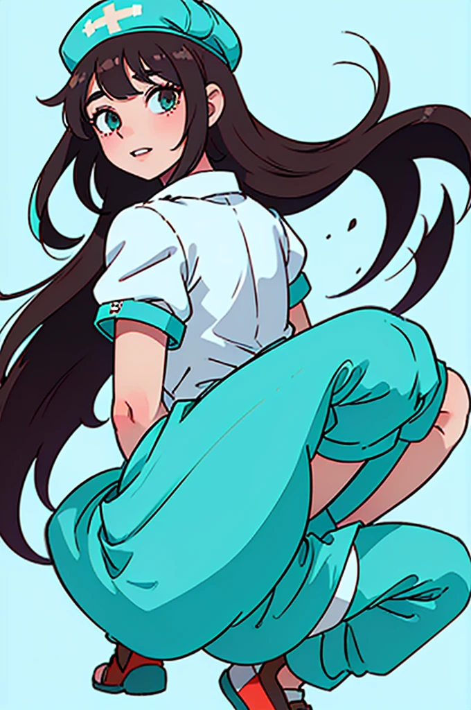(score_9,score_6_up, score_5_up, score_4_up, masterpiece, best, quality, source_anime, highly detailed, 1girl, solo, brown hair, long hair, nurse cap, turquoise nurse uniform, turquoise pants, squatting, white socks, sandals, happy)
