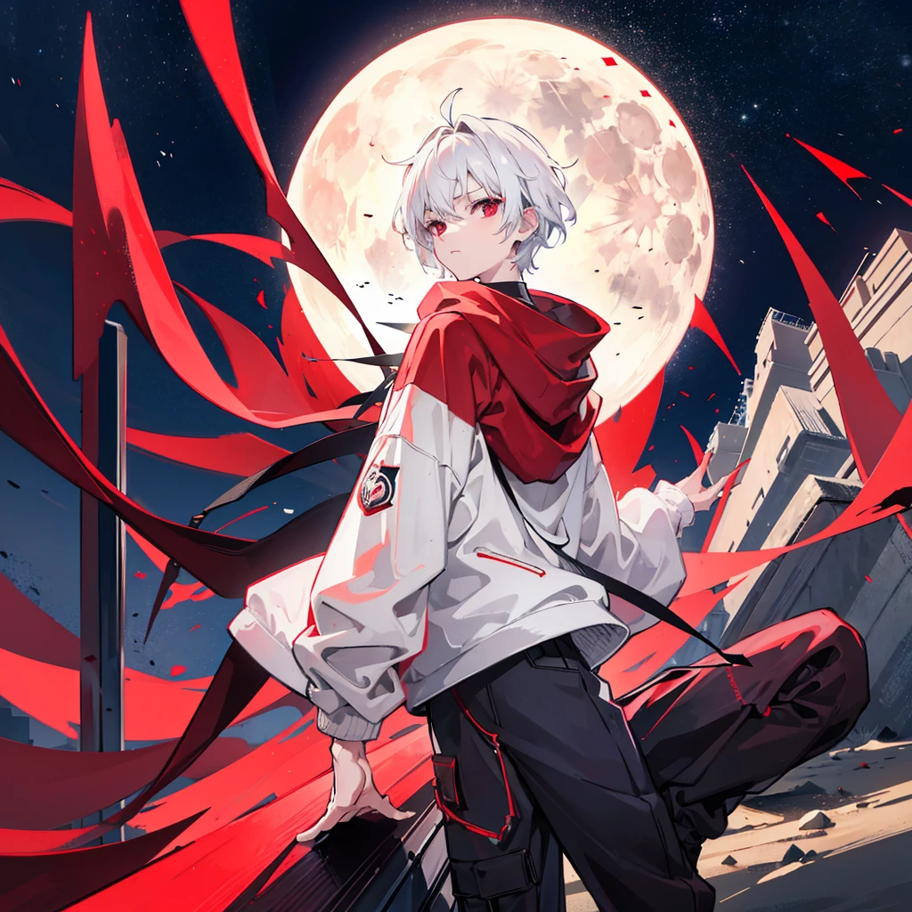 1 boy, short white hair, red eyes, wearing plain red hoodie, black cargo pants, city, night, moon and stars in sky, absurdres, high res, ultrasharp, 8K, masterpiece, looking at viewer