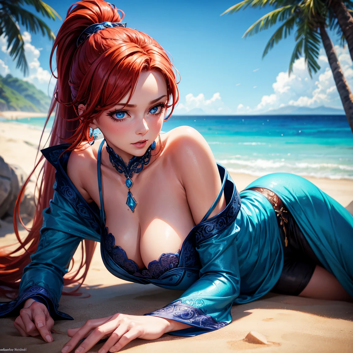 very old woman, 1girl, redhead ponytail hair, breasts, blue eyes, happy face, sexy blue tunic, lying on the sand, beach, incredibly sexy body, detailed face, beautiful detailed eyes, beautiful detailed lips, extremely detailed eyes and face, long eyelashes, intricate details, highly detailed, photo realistic, 8k, best quality, masterpiece, cinematic lighting, dramatic lighting, vibrant colors, fantasy, digital art, concept art