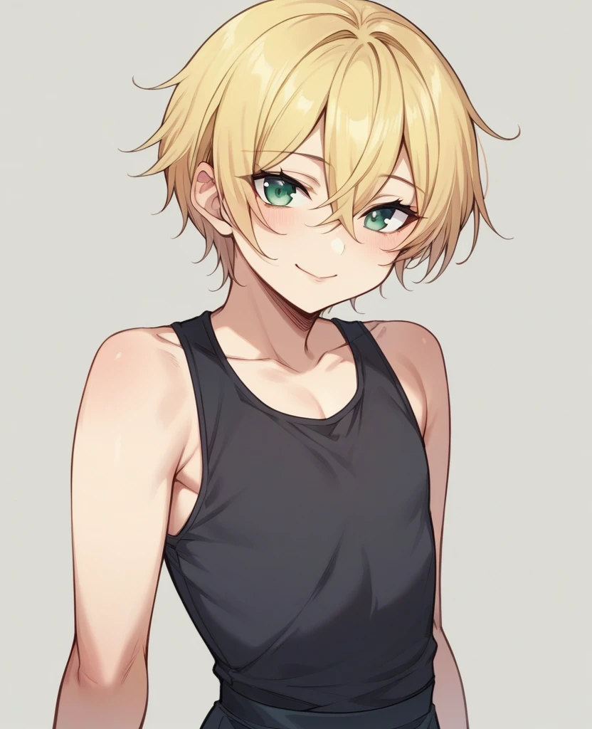 (One girl)、((short hair))、((Blonde))、(Sato Air)、((boyish))、Crossdresser、((flat chest))、green eyes、plump、(mage)、Black sleeveless、((hairs between eyes))、light smile