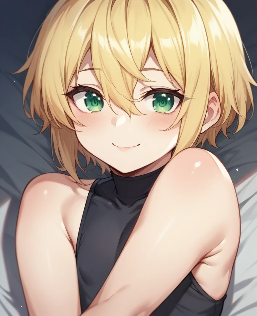 (One girl)、((short hair))、((Blonde))、(Sato Air)、((boyish))、Crossdresser、((flat chest))、green eyes、plump、(mage)、Black sleeveless、((hairs between eyes))、light smile